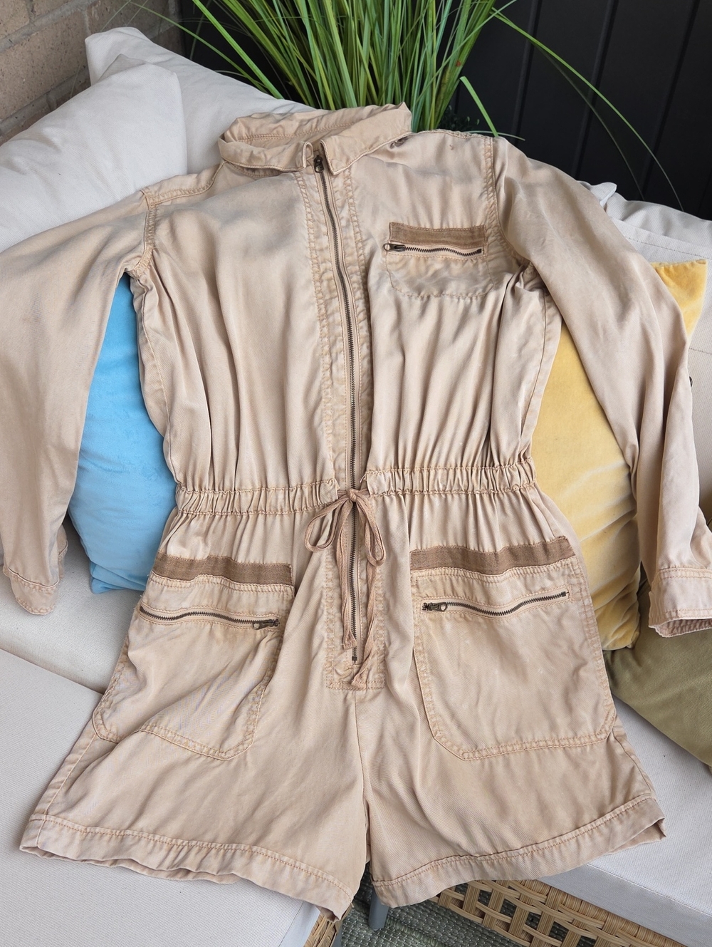 Anthropologie Tan Drawstring Utility Romper Jacket